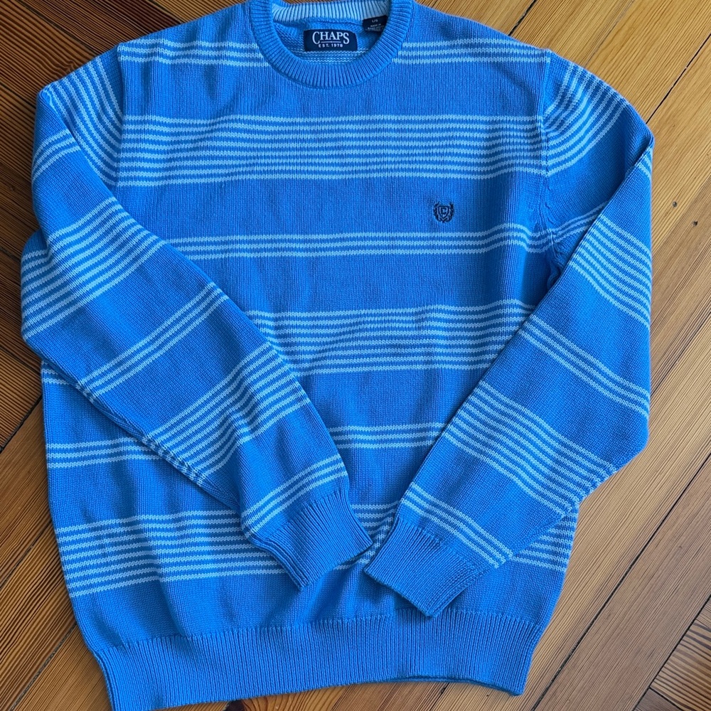Chaps Men’s Bright Blue Crewneck Sweater with Light Gray Stripes